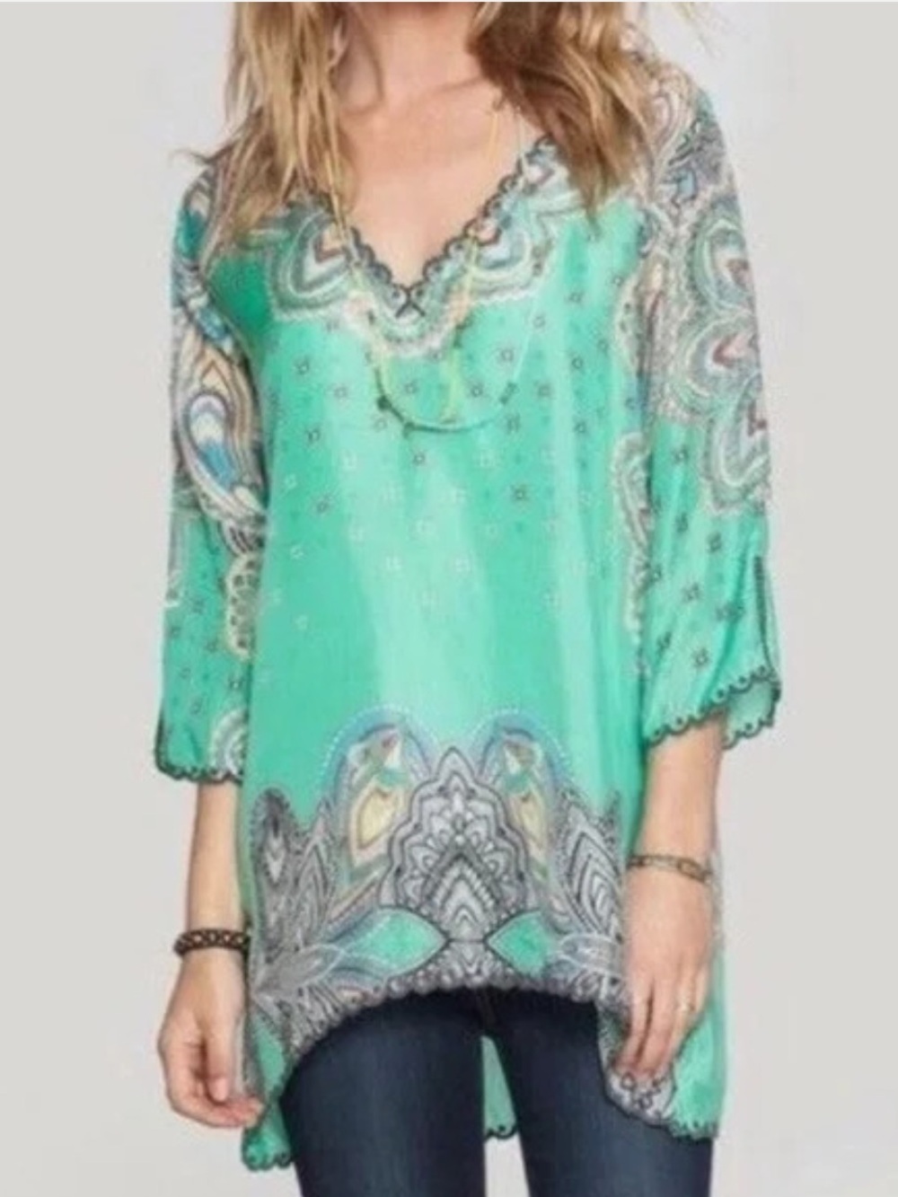 JOHNNY WAS Womens V-Neck 100% Silk Tunic Green Top Embroidered Sz S